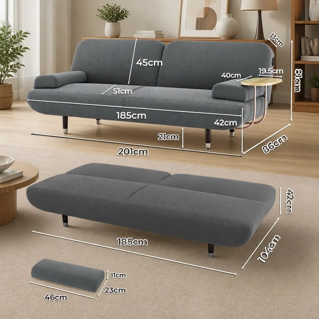 Convertible Sofa Bed Grey 3-Seater Corduroy Fabric Adjustable Backrest Solid Wood Frame with USB Charging Side Table