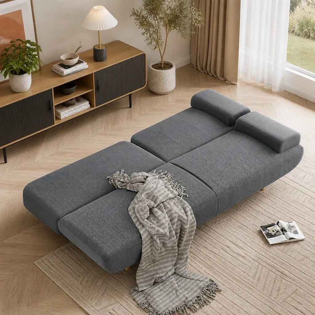 Convertible Sofa Bed Grey 3-Seater Corduroy Fabric Adjustable Backrest Solid Wood Frame with USB Charging Side Table