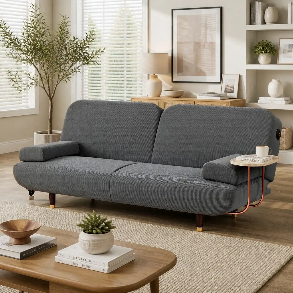 Convertible Sofa Bed Grey 3-Seater Corduroy Fabric Adjustable Backrest Solid Wood Frame with USB Charging Side Table