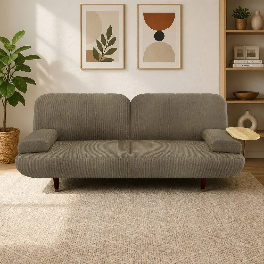 Convertible Sofa Bed Khaki 3 Seater Corduroy Fabric with Adjustable Backrest and Removable Side Table