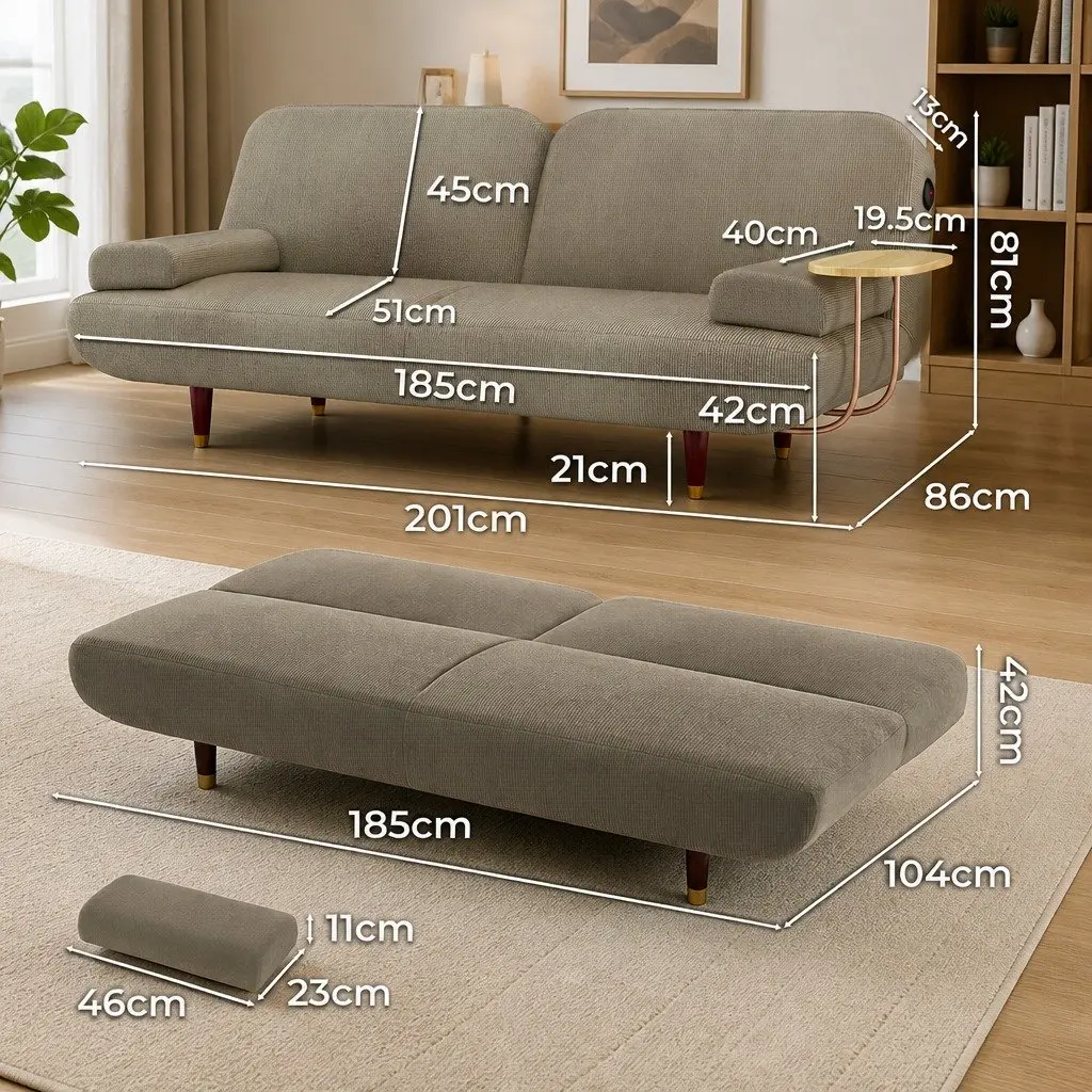 Convertible Sofa Bed Khaki 3 Seater Corduroy Fabric with Adjustable Backrest and Removable Side Table