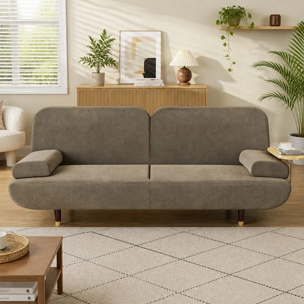 Convertible Sofa Bed Khaki 3 Seater Corduroy Fabric with Adjustable Backrest and Removable Side Table