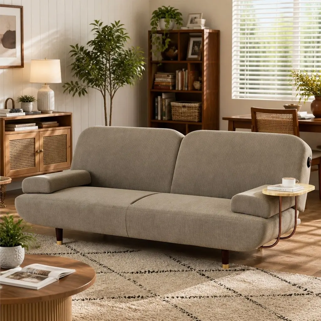 Convertible Sofa Bed Khaki 3 Seater Corduroy Fabric with Adjustable Backrest and Removable Side Table