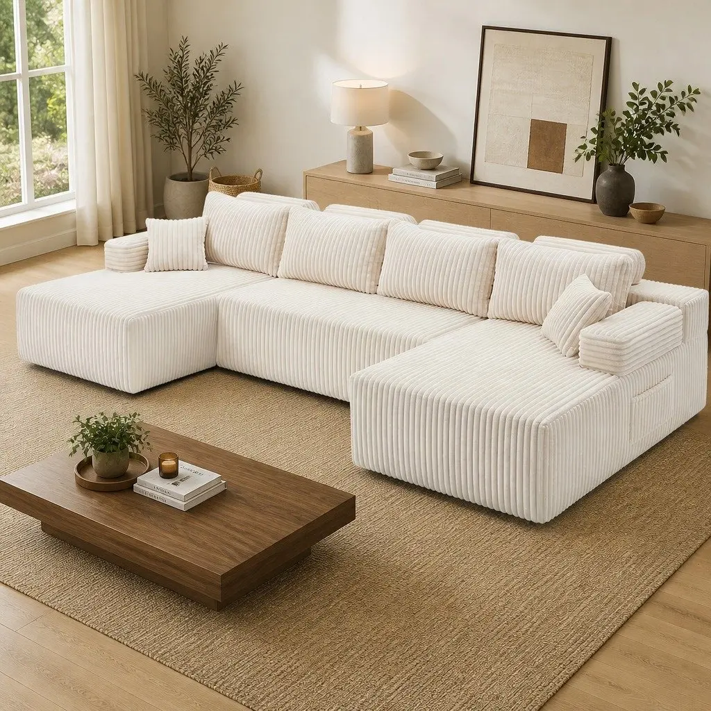 Modular Sofa Lounge U Shaped Sectional Cloud Couch with Cushions Beige Corduroy