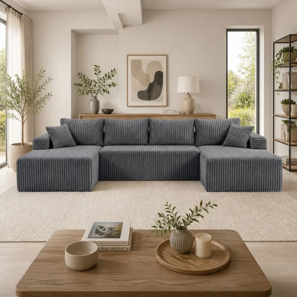 Modular Sectional Sofa Lounge U Shaped Corduroy Cloud Couch Grey Convertible