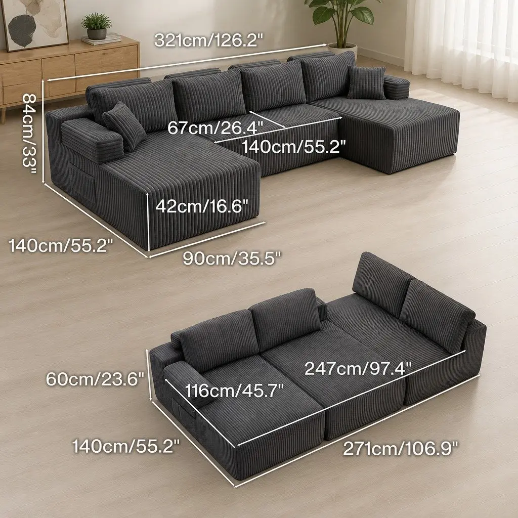 Modular Sectional Sofa Lounge U Shaped Corduroy Cloud Couch Grey Convertible
