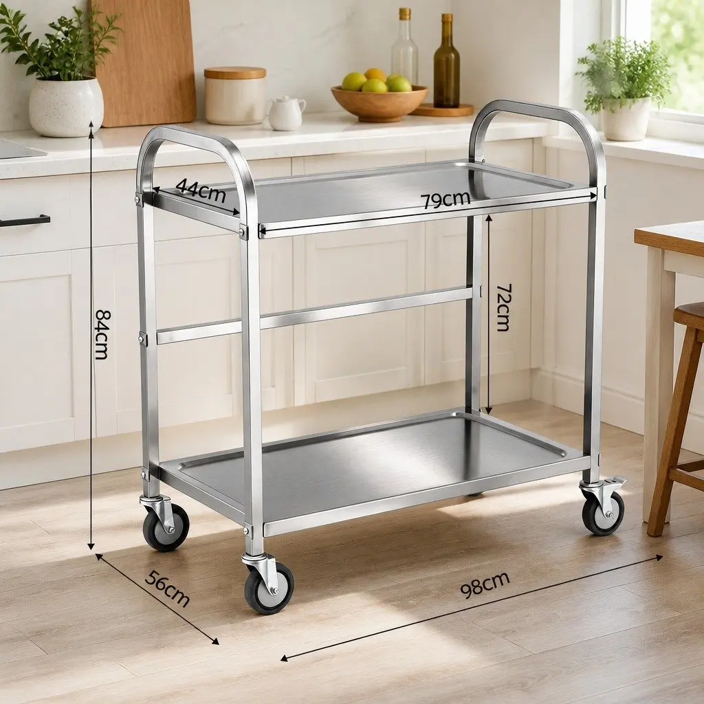 2-Tier Stainless Steel Kitchen Trolley Mobile Bench Cart Lockable Wheels