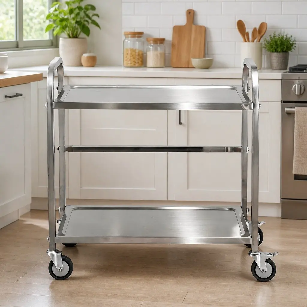 2-Tier Stainless Steel Kitchen Trolley Mobile Bench Cart Lockable Wheels
