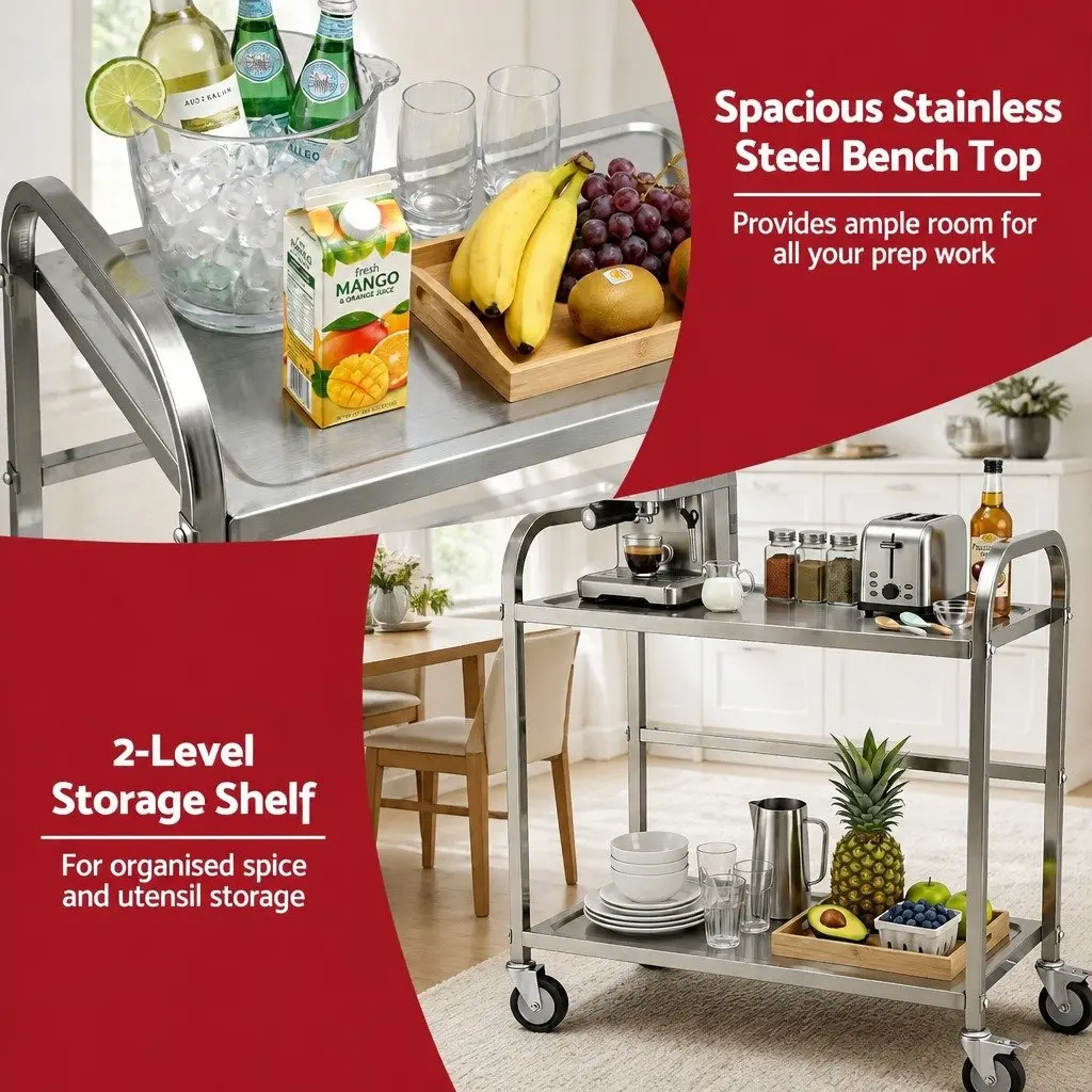 2-Tier Stainless Steel Kitchen Trolley Mobile Bench Cart Lockable Wheels