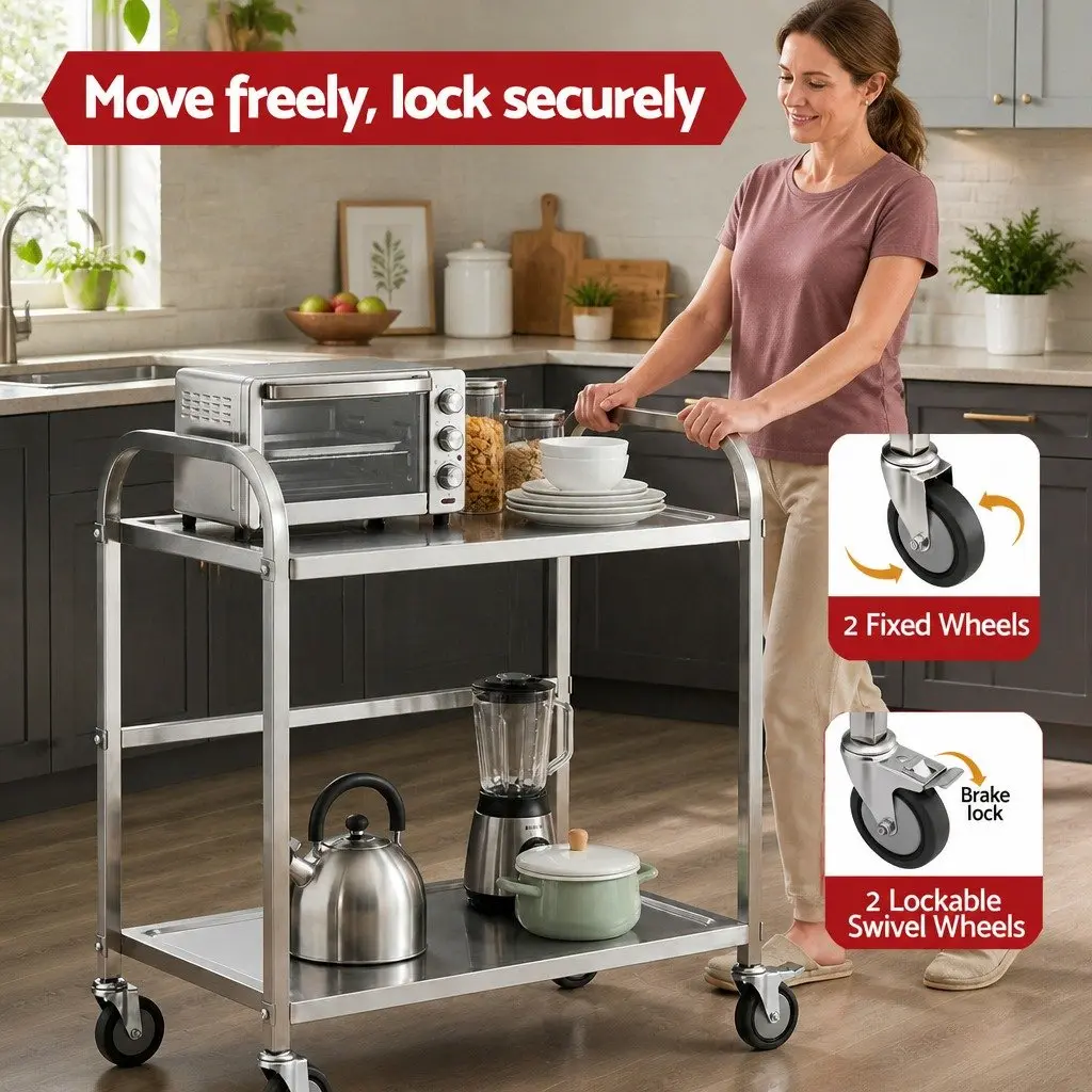 2-Tier Stainless Steel Kitchen Trolley Mobile Bench Cart Lockable Wheels