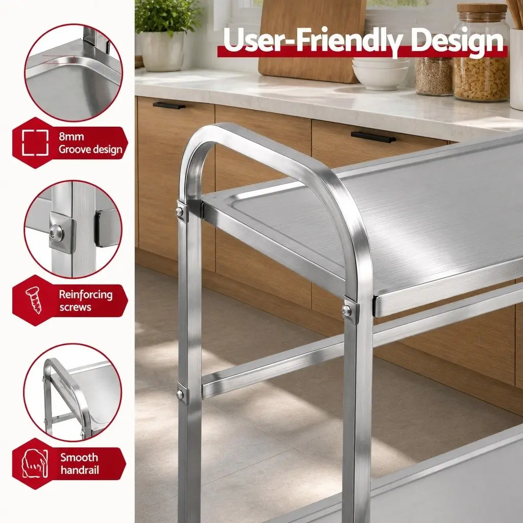 2-Tier Stainless Steel Kitchen Trolley Mobile Bench Cart Lockable Wheels
