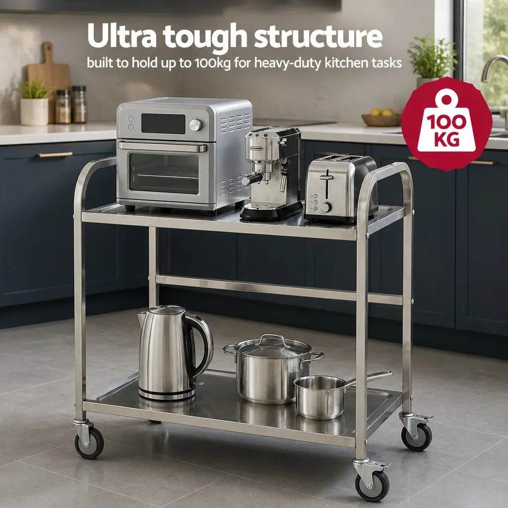 2-Tier Stainless Steel Kitchen Trolley Mobile Bench Cart Lockable Wheels