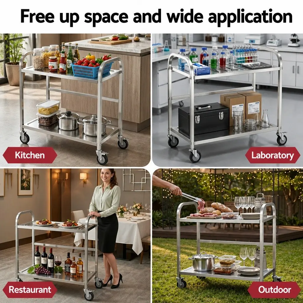 2-Tier Stainless Steel Kitchen Trolley Mobile Bench Cart Lockable Wheels