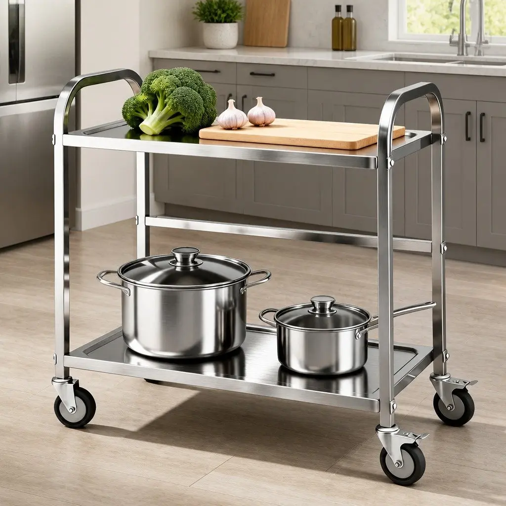 2-Tier Stainless Steel Kitchen Trolley Mobile Bench Cart Lockable Wheels