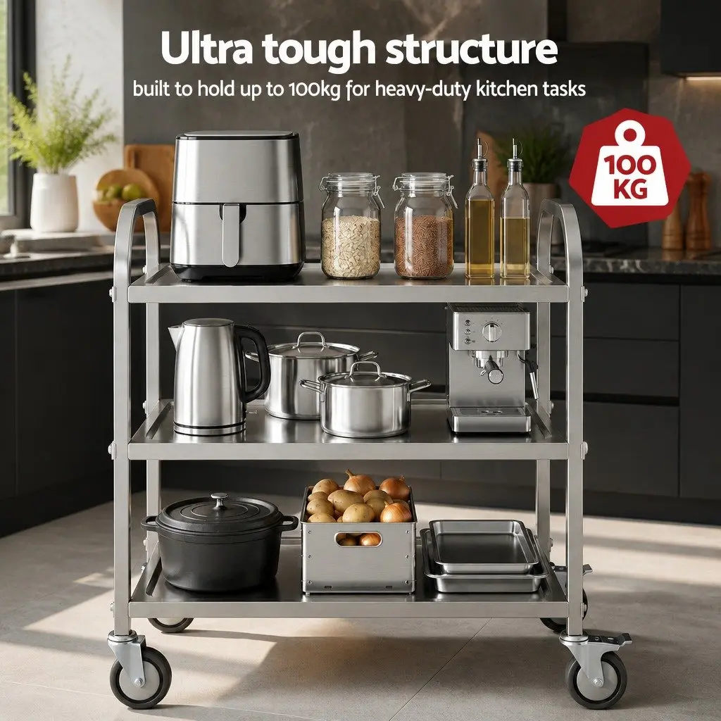3-Tier Stainless Steel Kitchen Trolley Rolling Cart Service Bench Island Prep