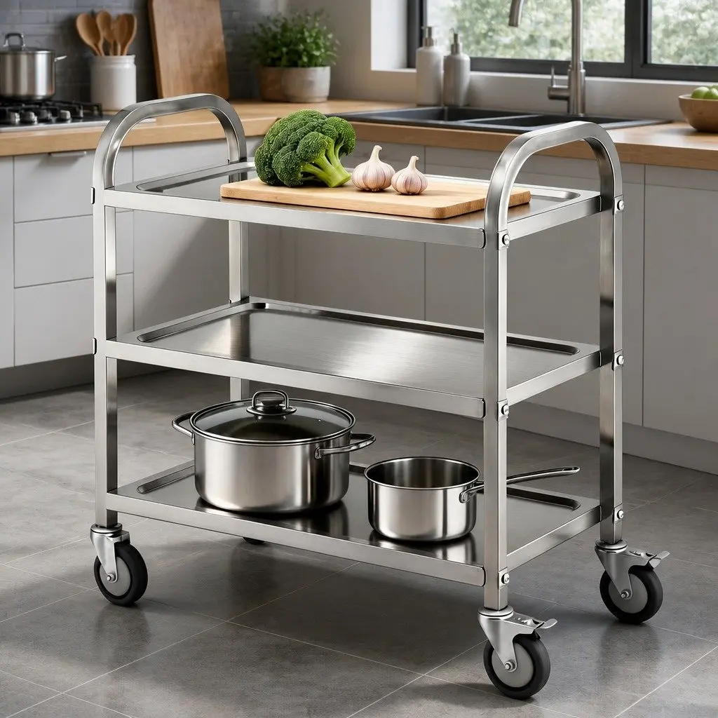 3-Tier Stainless Steel Kitchen Trolley Rolling Cart Service Bench Island Prep