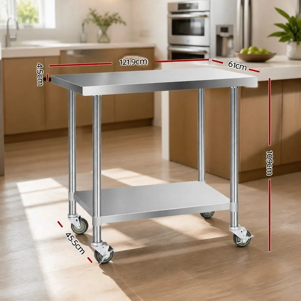 Stainless Steel Kitchen Work Bench Mobile Adjustable Shelving Lockable Wheels 1219x610x890mm