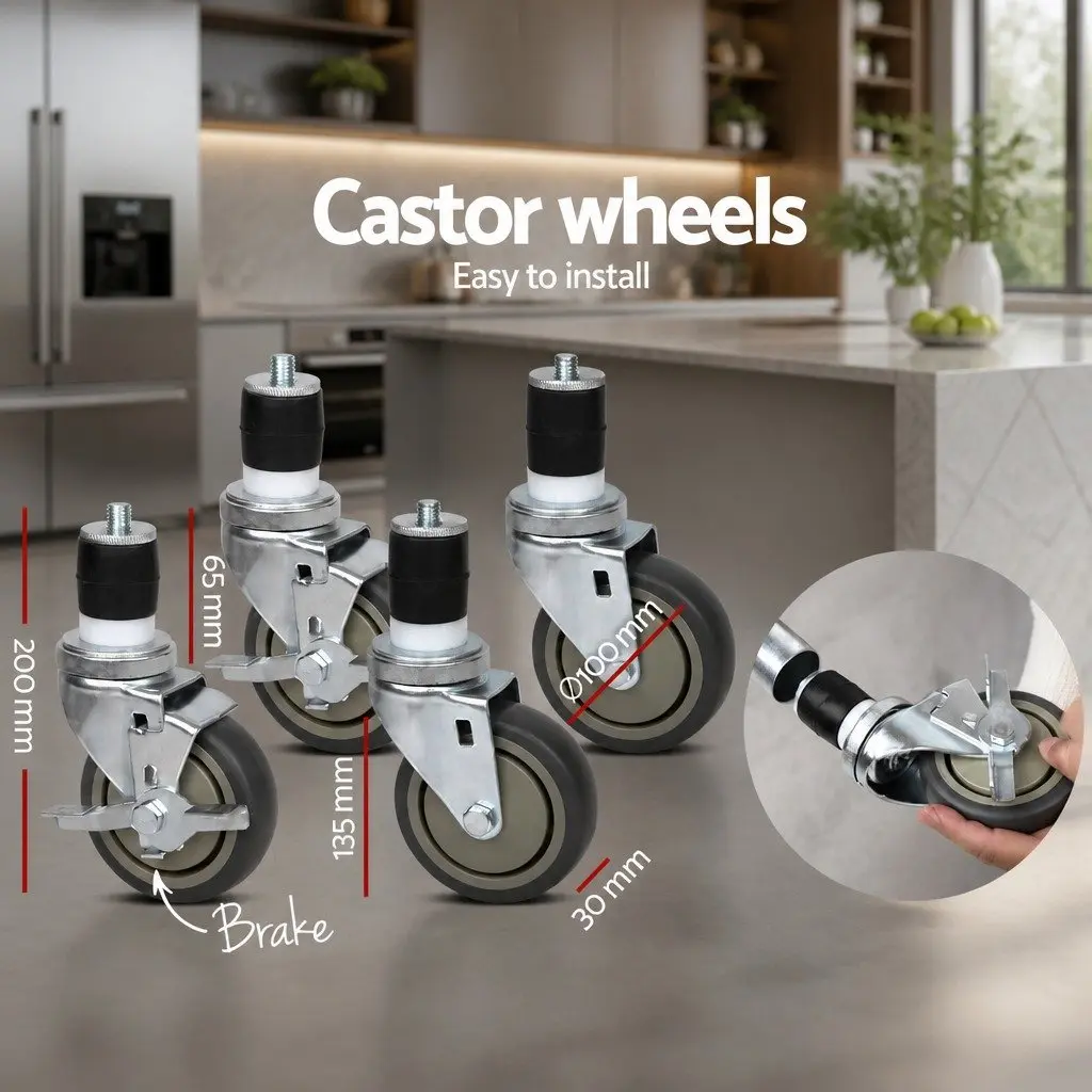 Stainless Steel Kitchen Work Bench Mobile Adjustable Shelving Lockable Wheels 1219x610x890mm