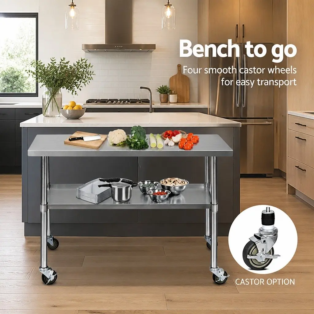 Stainless Steel Kitchen Work Bench Mobile Adjustable Shelving Lockable Wheels 1219x610x890mm