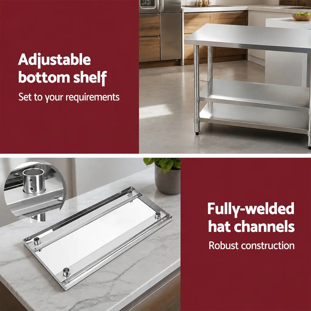 Stainless Steel Kitchen Work Bench Mobile Adjustable Shelving Lockable Wheels 1219x610x890mm