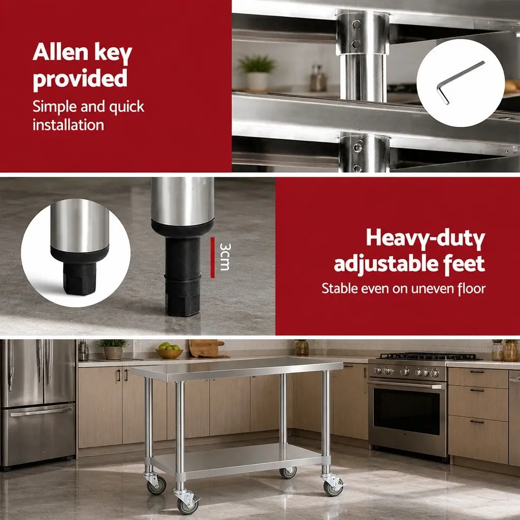 Stainless Steel Kitchen Work Bench Mobile Adjustable Shelving Lockable Wheels 1219x610x890mm