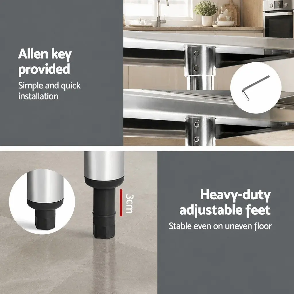 Stainless Steel Kitchen Work Bench Mobile Adjustable Shelving Lockable Wheels 1219x610x890mm