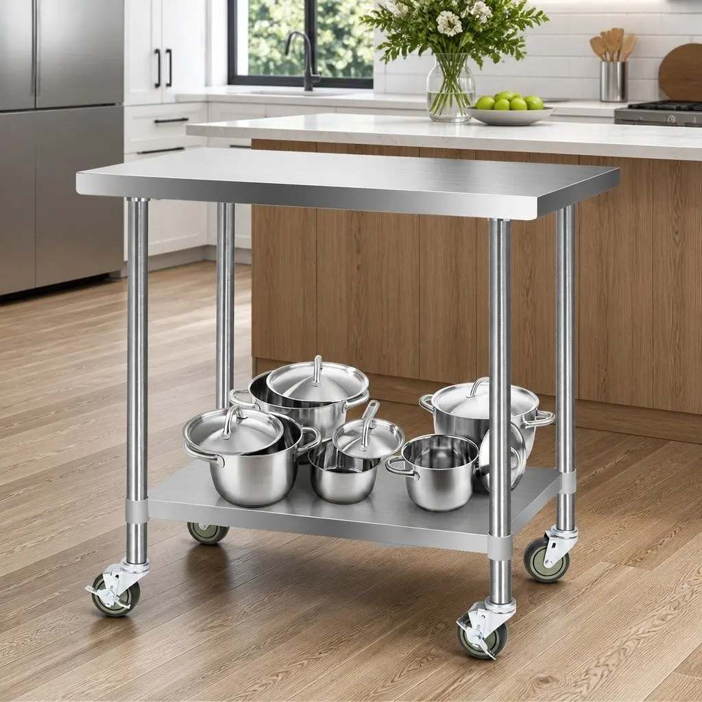 Stainless Steel Kitchen Work Bench Mobile Adjustable Shelving Lockable Wheels 1219x610x890mm