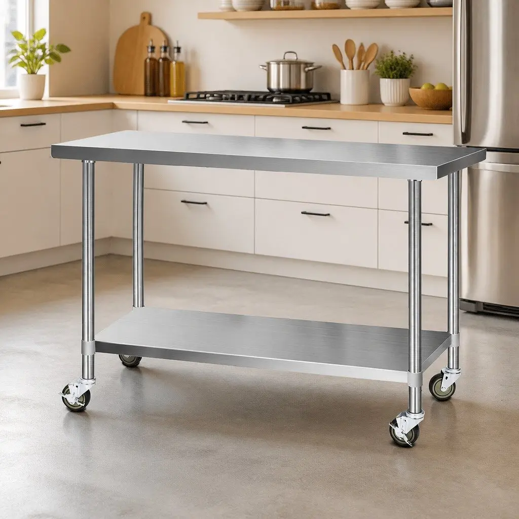 Stainless Steel Kitchen Bench with Wheels 1524x610mm Adjustable Shelf Work Table