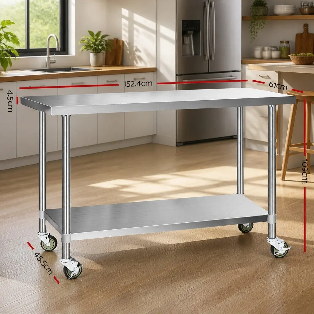 Stainless Steel Kitchen Bench with Wheels 1524x610mm Adjustable Shelf Work Table