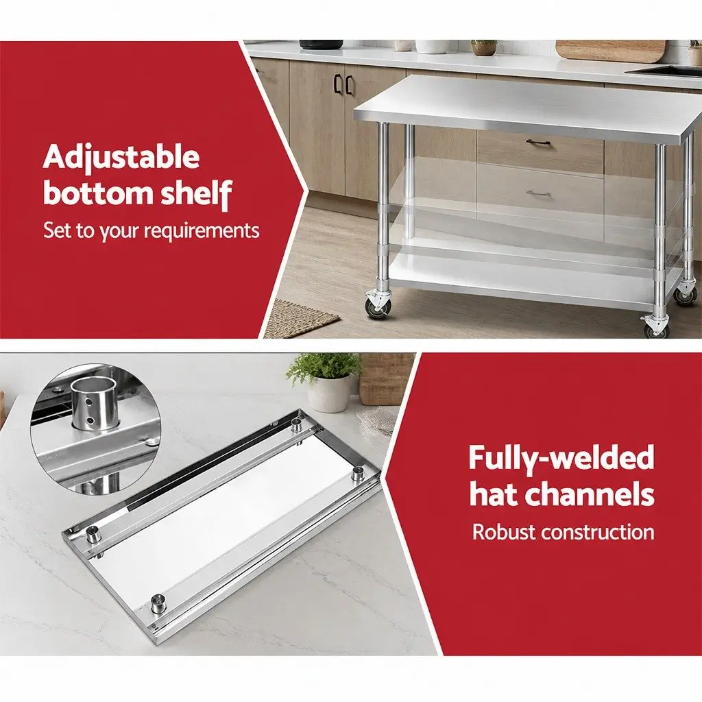 Stainless Steel Kitchen Bench with Wheels 1524x610mm Adjustable Shelf Work Table