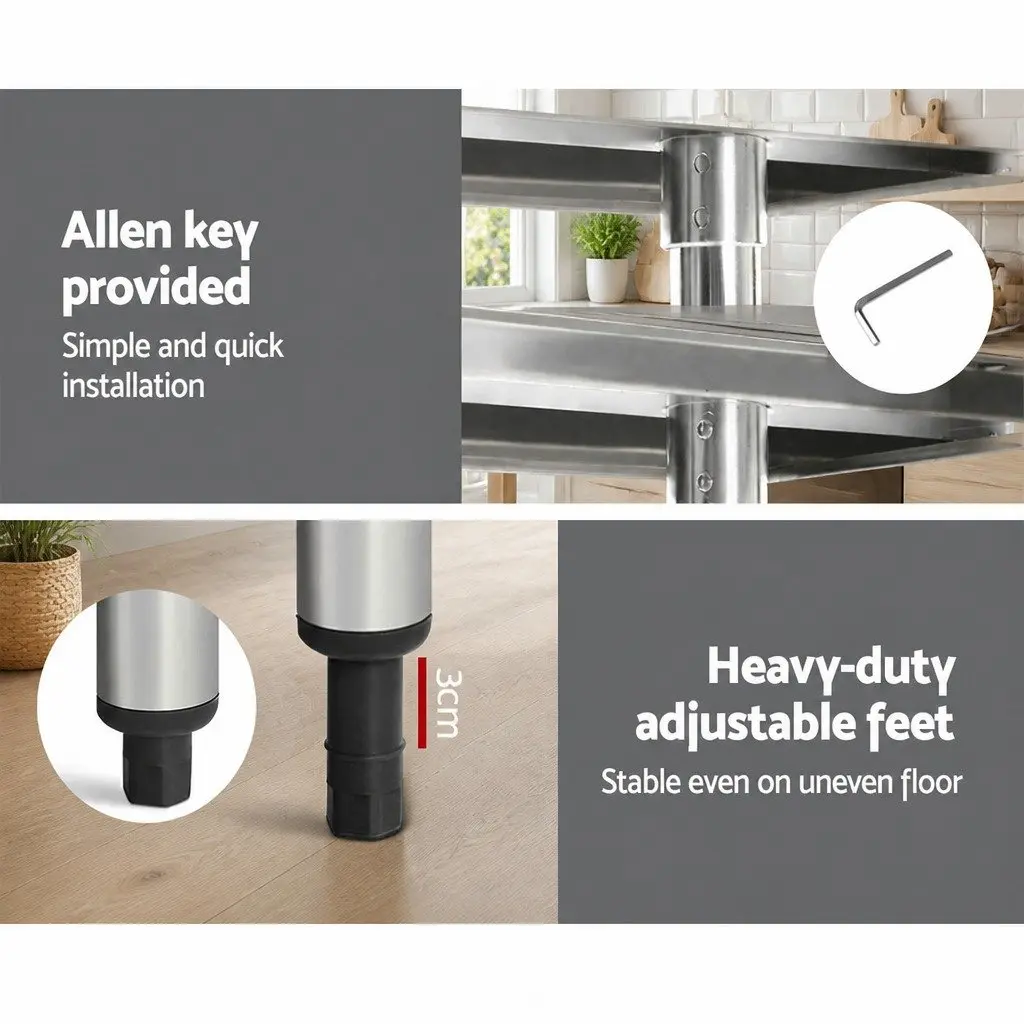Stainless Steel Kitchen Bench with Wheels 1524x610mm Adjustable Shelf Work Table
