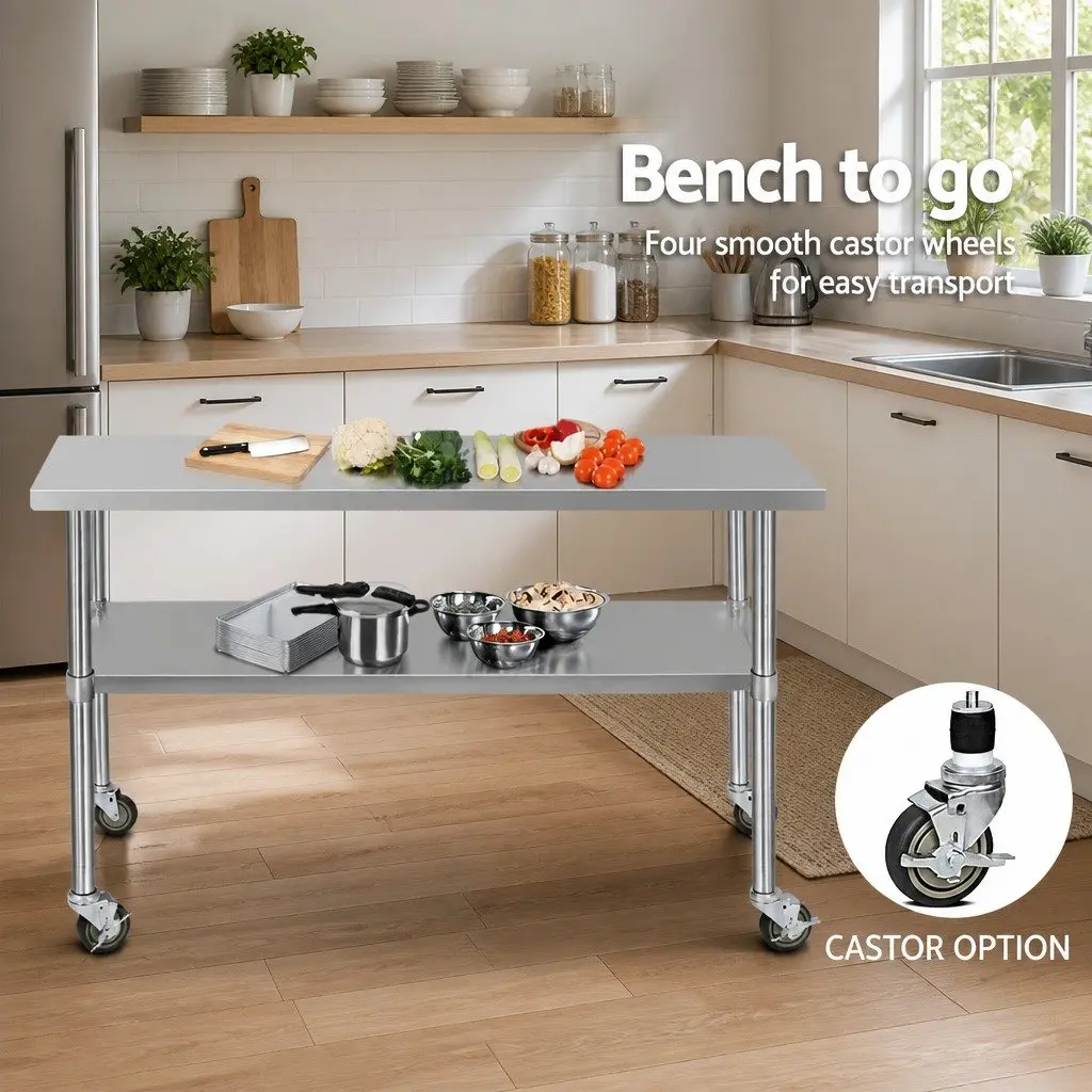 Stainless Steel Kitchen Bench with Wheels 1524x610mm Adjustable Shelf Work Table