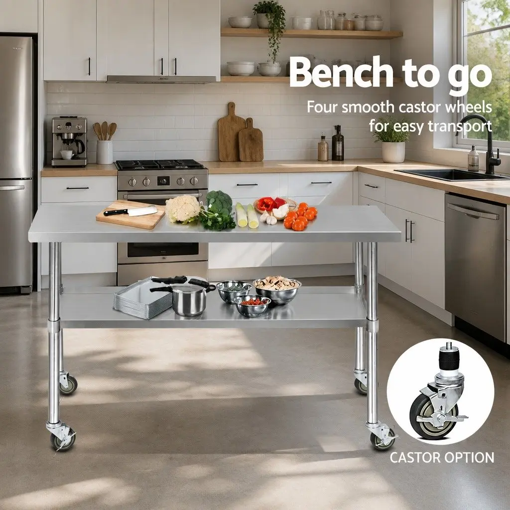 Stainless Steel Kitchen Bench with Wheels 1524x610mm Adjustable Shelf Work Table