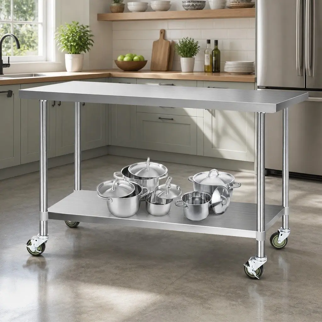 Stainless Steel Kitchen Bench with Wheels 1524x610mm Adjustable Shelf Work Table