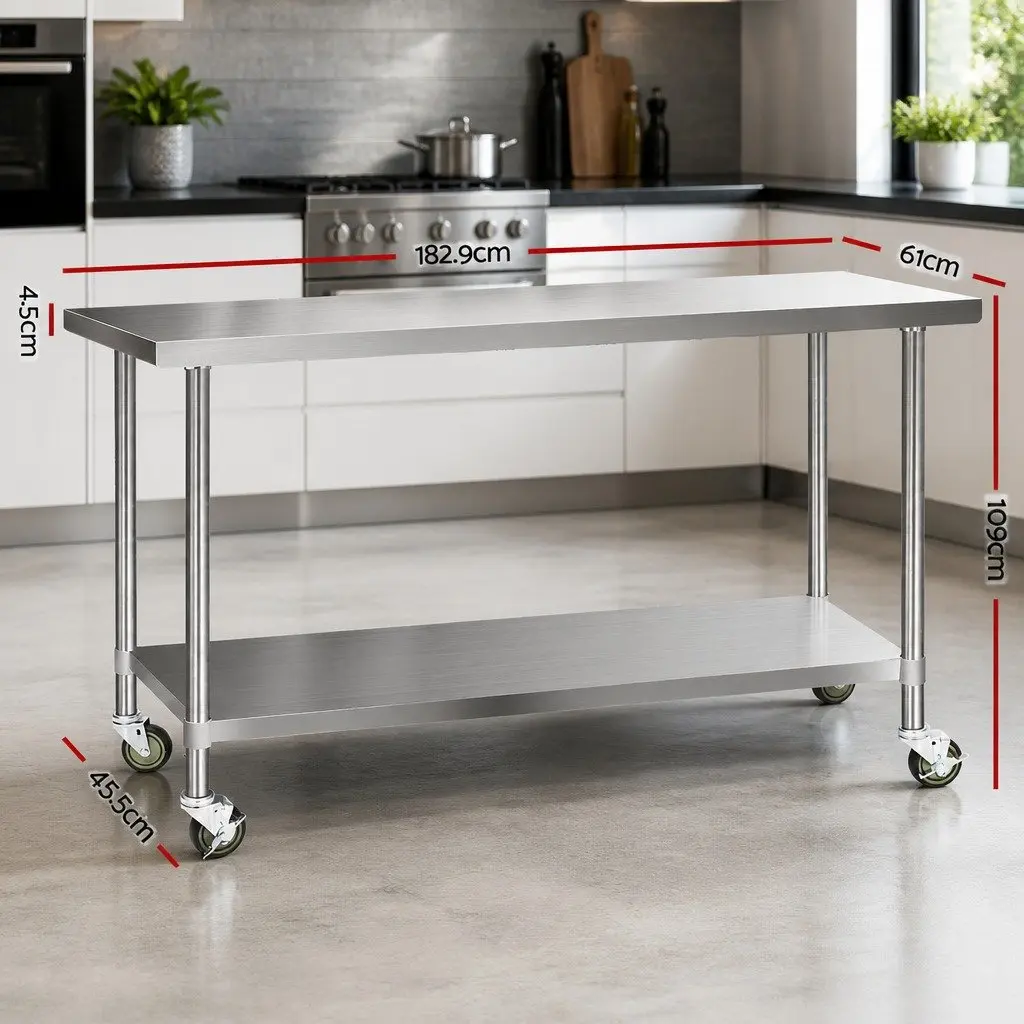 Stainless Steel Kitchen Bench Movable Work Table 1829x610mm with Lockable Castor Wheels