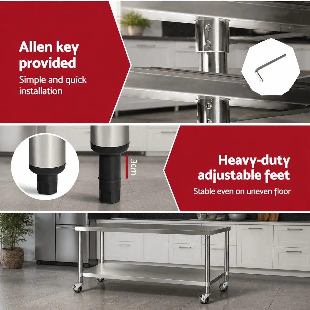 Stainless Steel Kitchen Bench Movable Work Table 1829x610mm with Lockable Castor Wheels