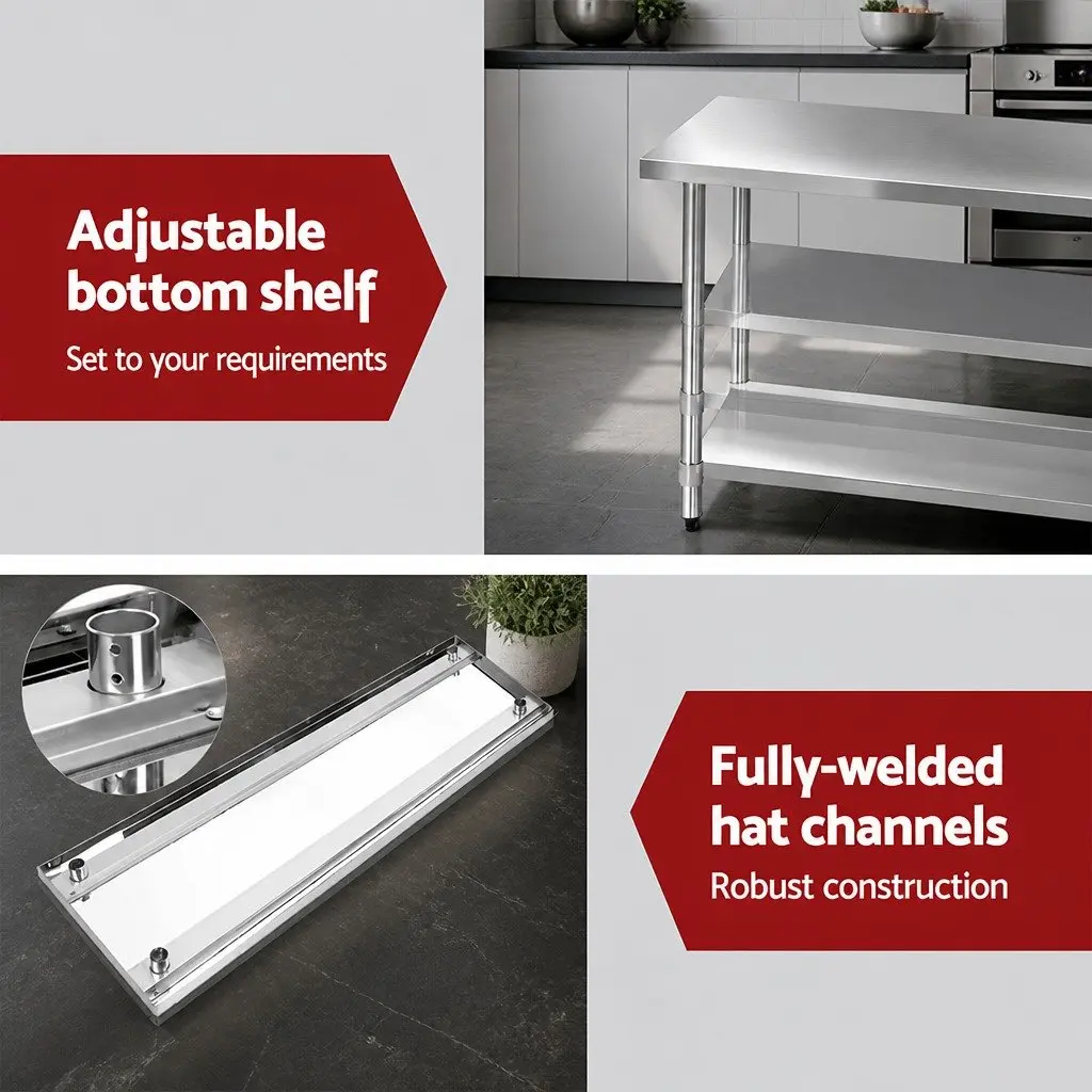Stainless Steel Kitchen Bench Movable Work Table 1829x610mm with Lockable Castor Wheels