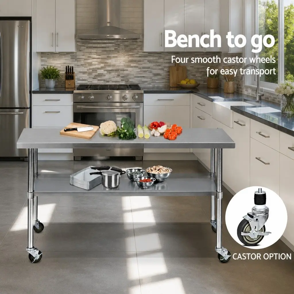 Stainless Steel Kitchen Bench Movable Work Table 1829x610mm with Lockable Castor Wheels