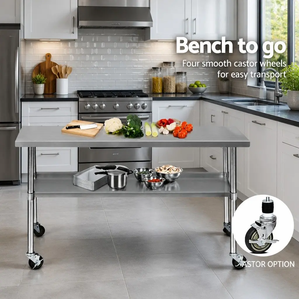 Stainless Steel Kitchen Bench Movable Work Table 1829x610mm with Lockable Castor Wheels