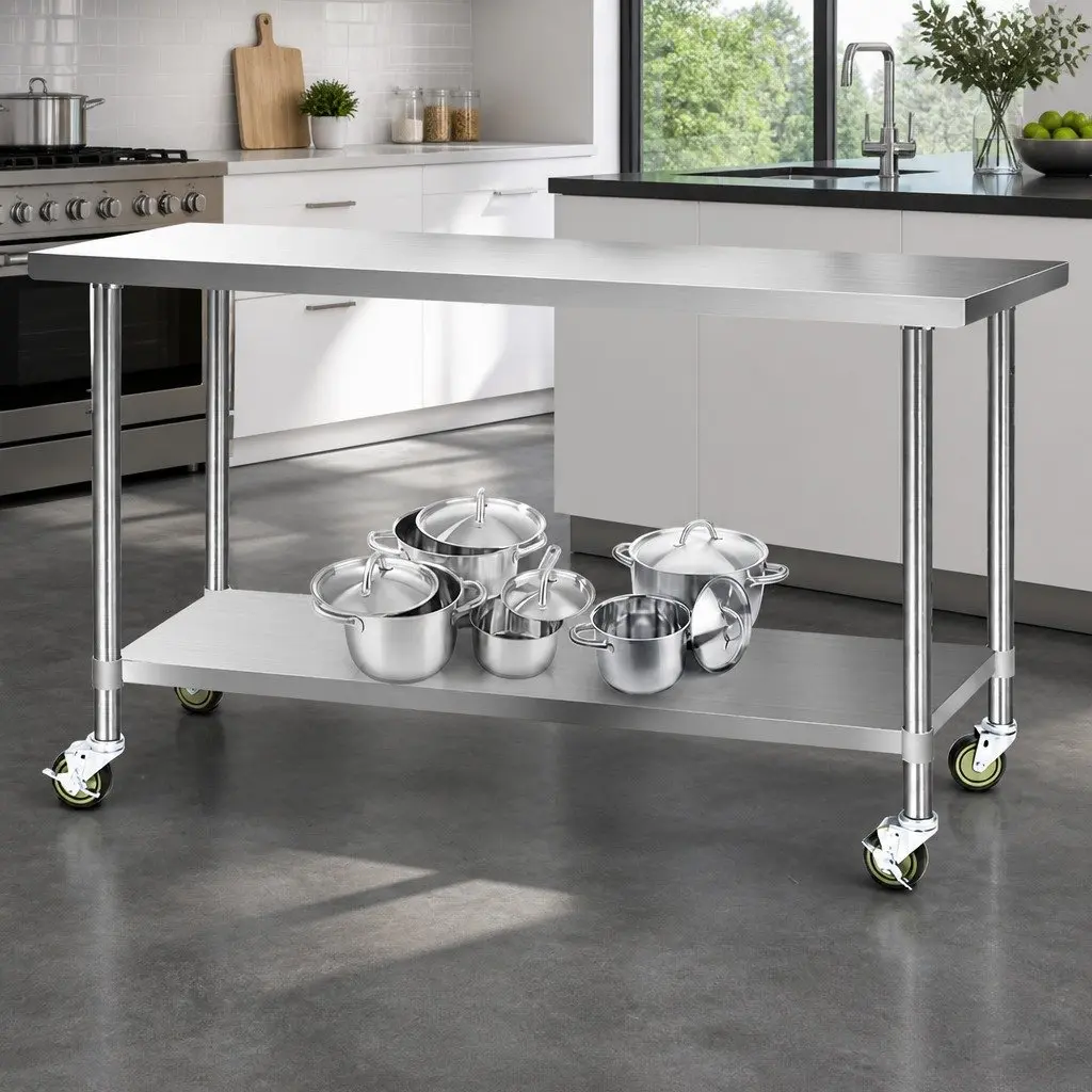 Stainless Steel Kitchen Bench Movable Work Table 1829x610mm with Lockable Castor Wheels