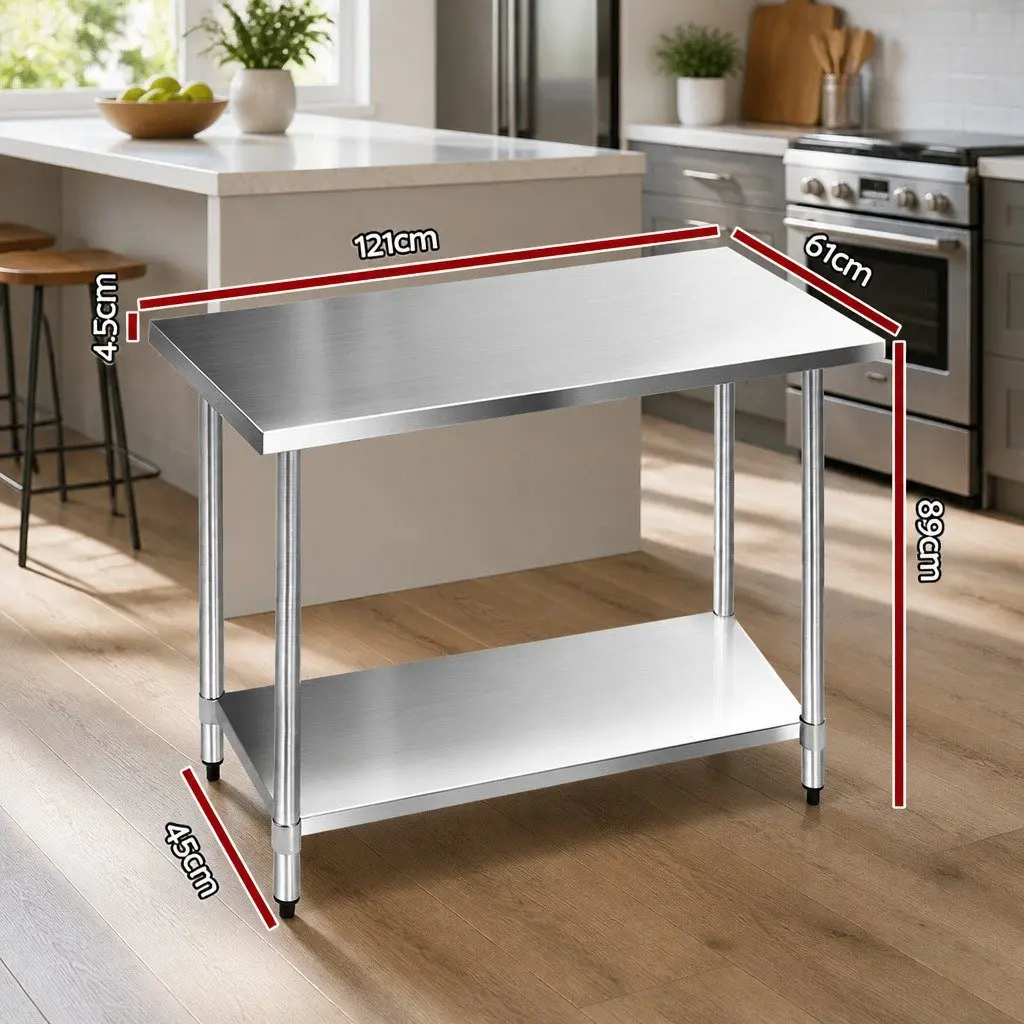 Stainless Steel Food Prep Work Bench Heavy Duty 1219x610mm Adjustable Under-shelving Commercial