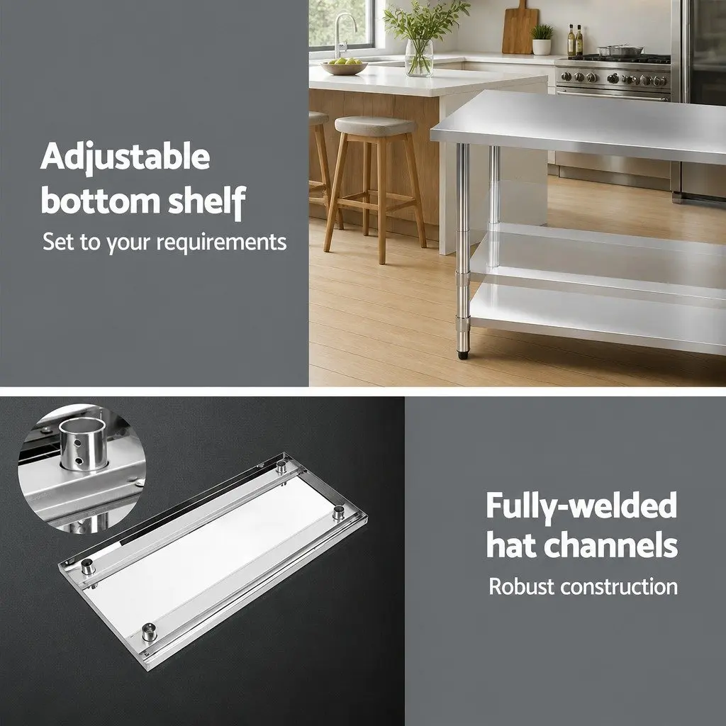 Stainless Steel Food Prep Work Bench Heavy Duty 1219x610mm Adjustable Under-shelving Commercial