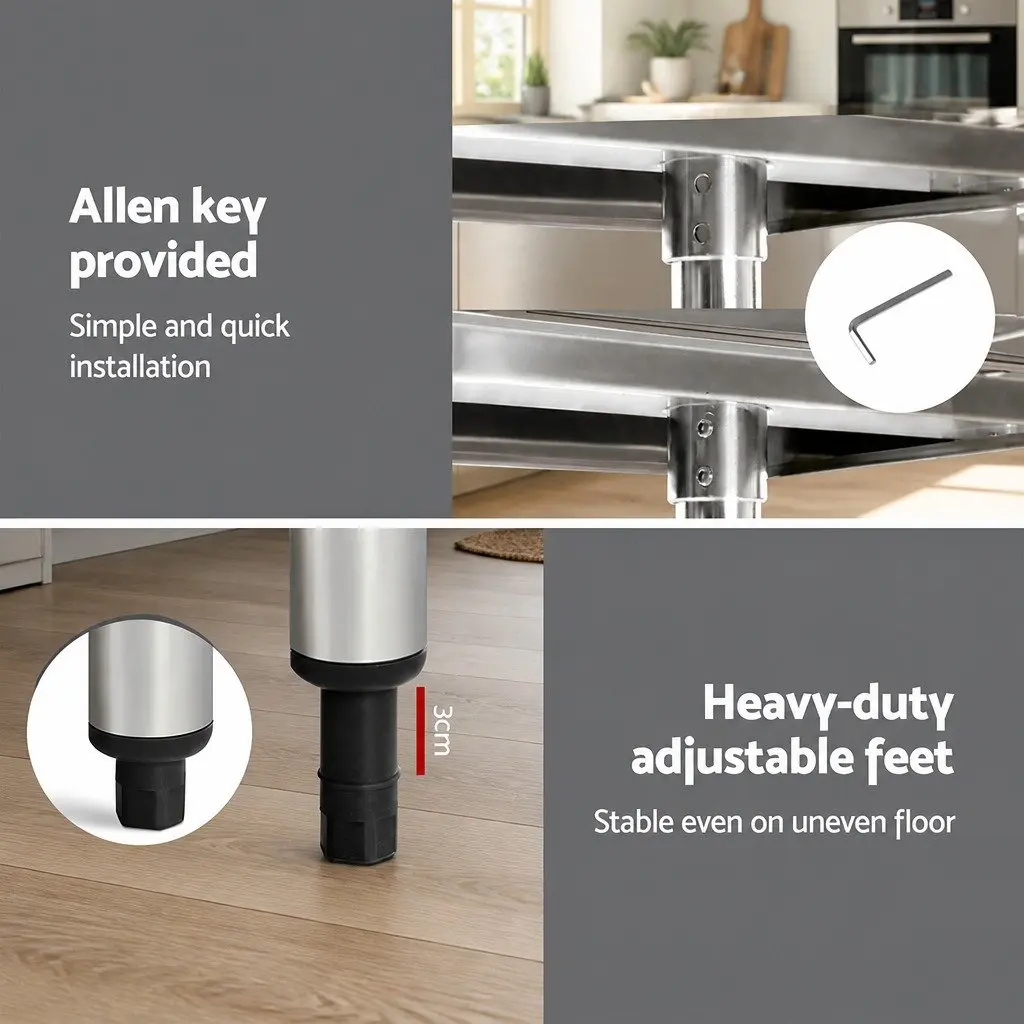 Stainless Steel Food Prep Work Bench Heavy Duty 1219x610mm Adjustable Under-shelving Commercial