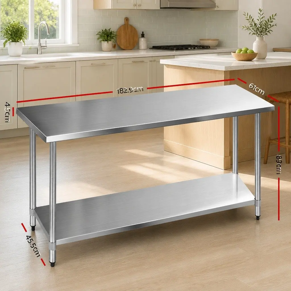 Stainless Steel Kitchen Bench Commercial Work Table 1829x610mm 304 Food Grade Stainless Steel