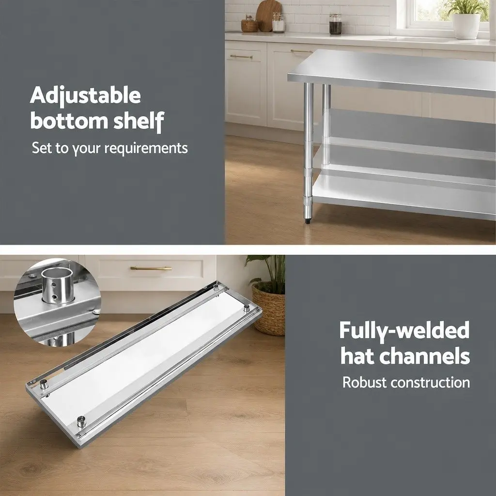 Stainless Steel Kitchen Bench Commercial Work Table 1829x610mm 304 Food Grade Stainless Steel