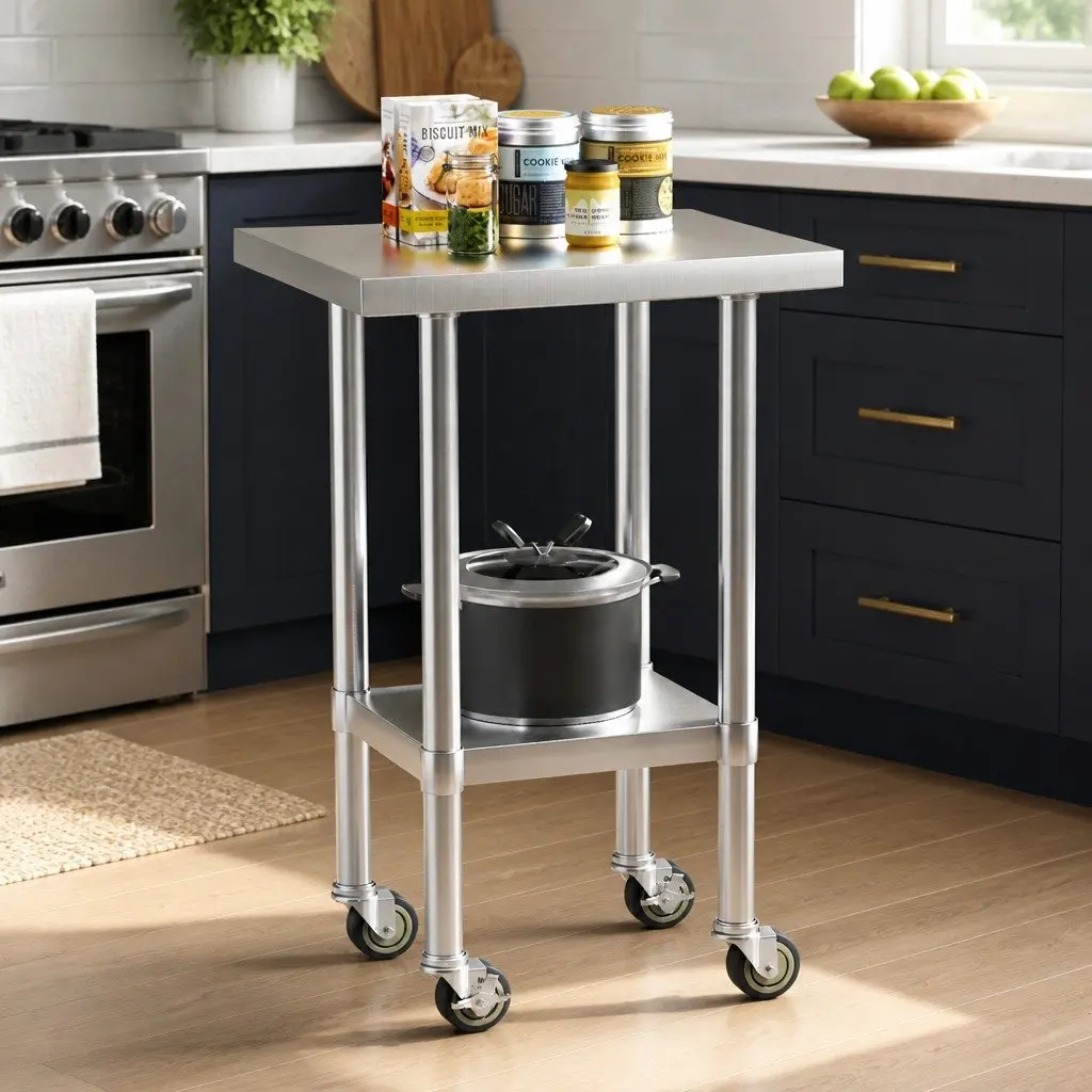 Stainless Steel Kitchen Work Bench Mobile Adjustable Shelf 61x46cm Steel