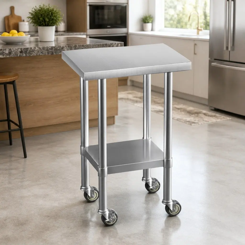 Stainless Steel Kitchen Work Bench Mobile Adjustable Shelf 61x46cm Steel