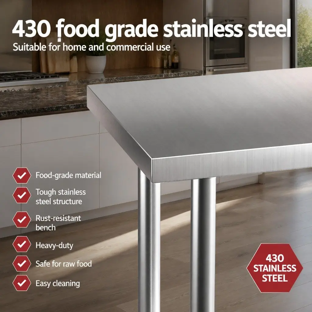 Stainless Steel Kitchen Work Bench Mobile Adjustable Shelf 61x46cm Steel
