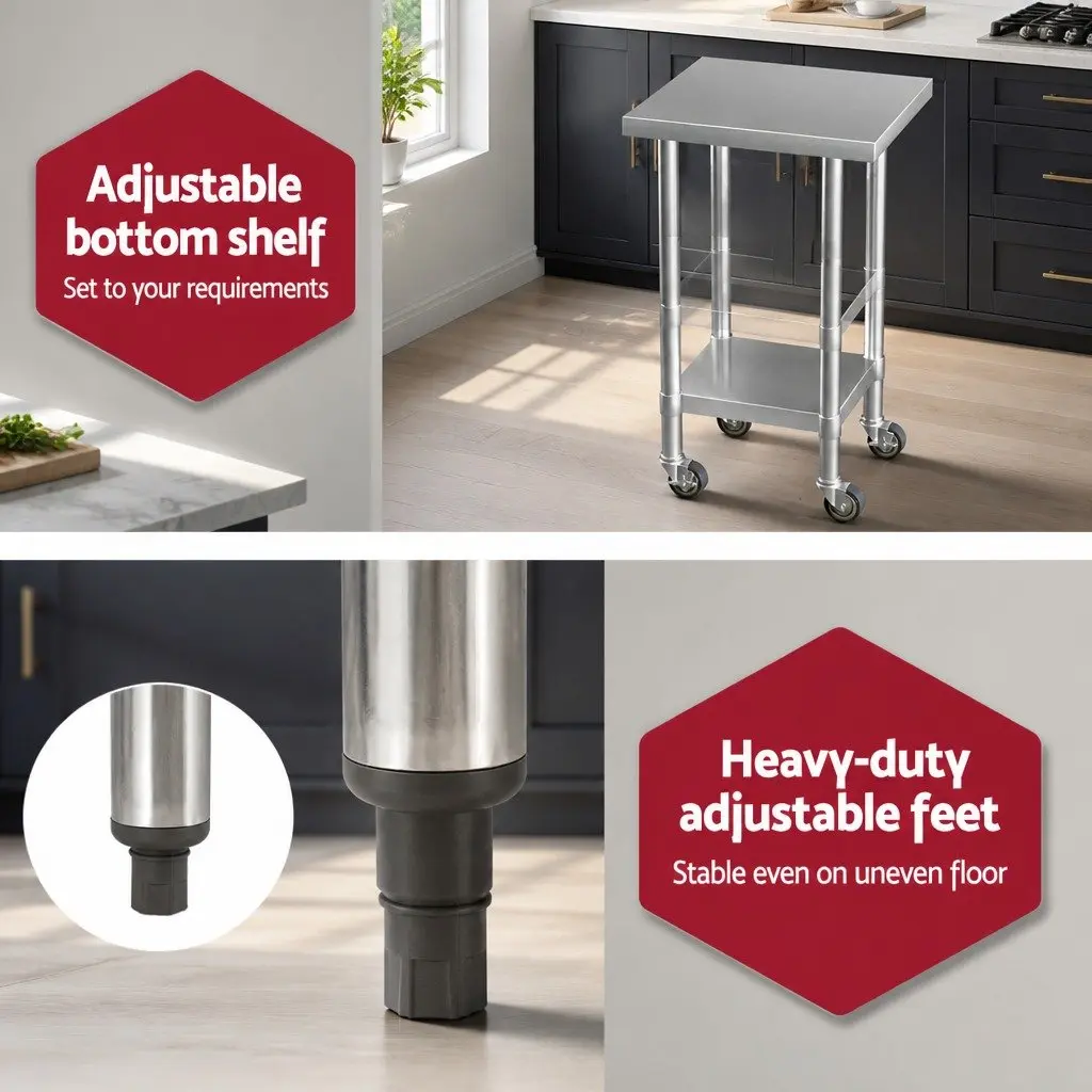 Stainless Steel Kitchen Work Bench Mobile Adjustable Shelf 61x46cm Steel