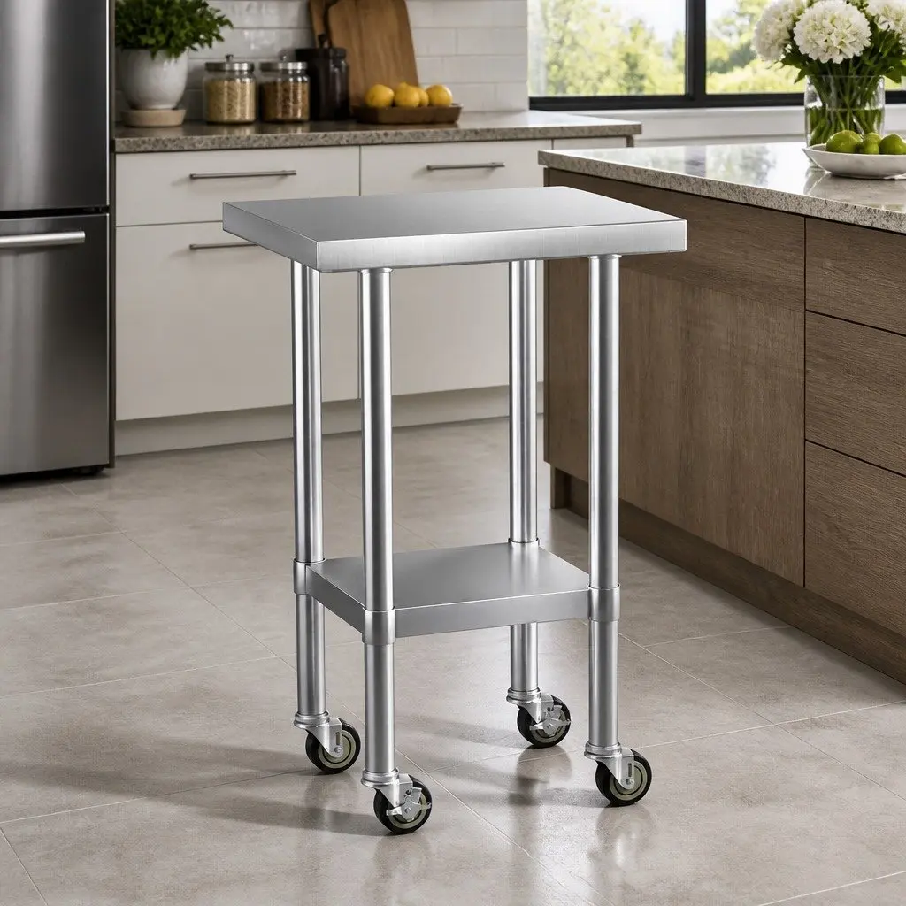 Stainless Steel Kitchen Work Bench Mobile Adjustable Shelf 61x46cm Steel